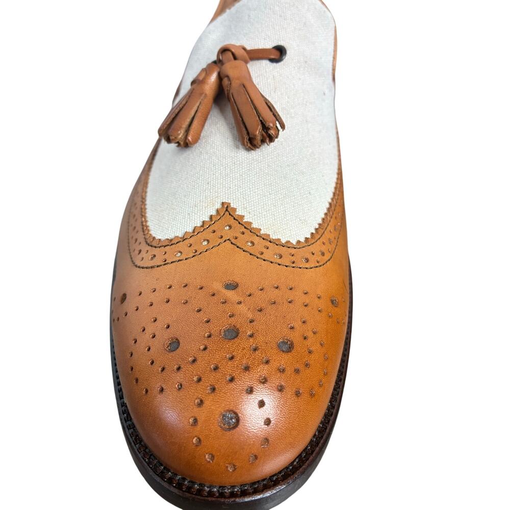 Paul Frederick Men's Size 9M Two Tone Leather Canvas Italian Tasseled Loafer - Picture 6 of 14